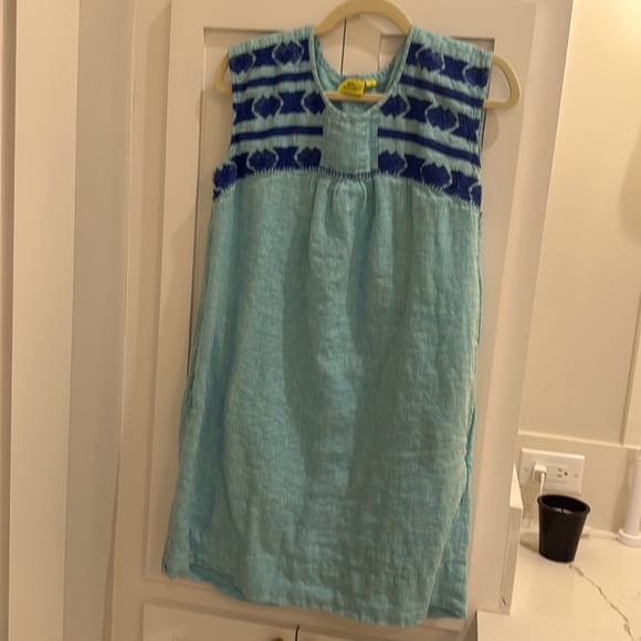 Roller Rabbit Teal Linen (and lined) Dress with Blue Embroidered Details Size M - Picture 1 of 7